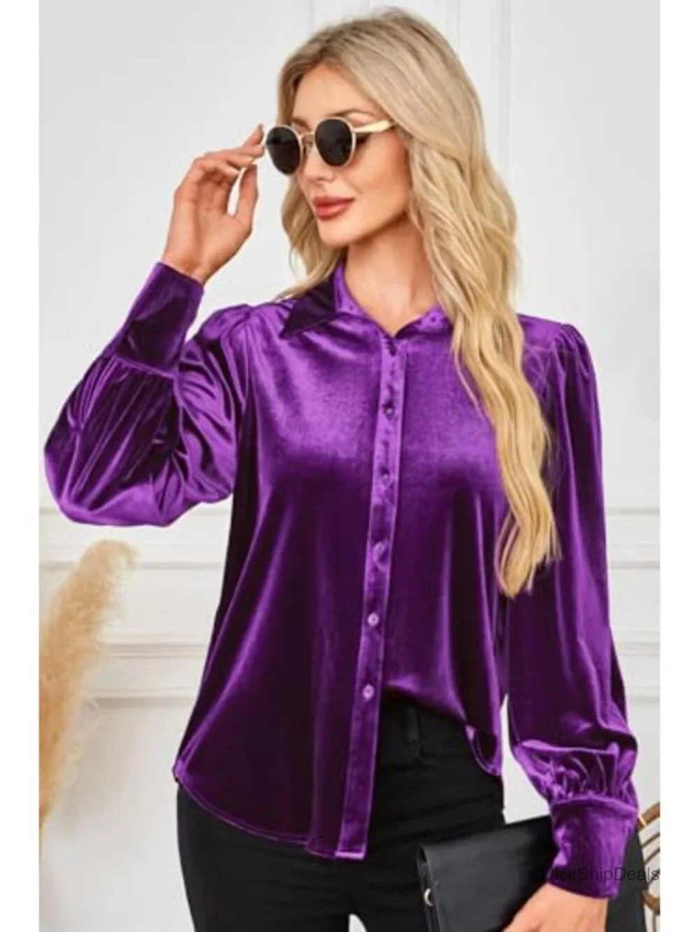 Luxe Velvet Long Sleeve Button Down Blouse with Puff Sleeves